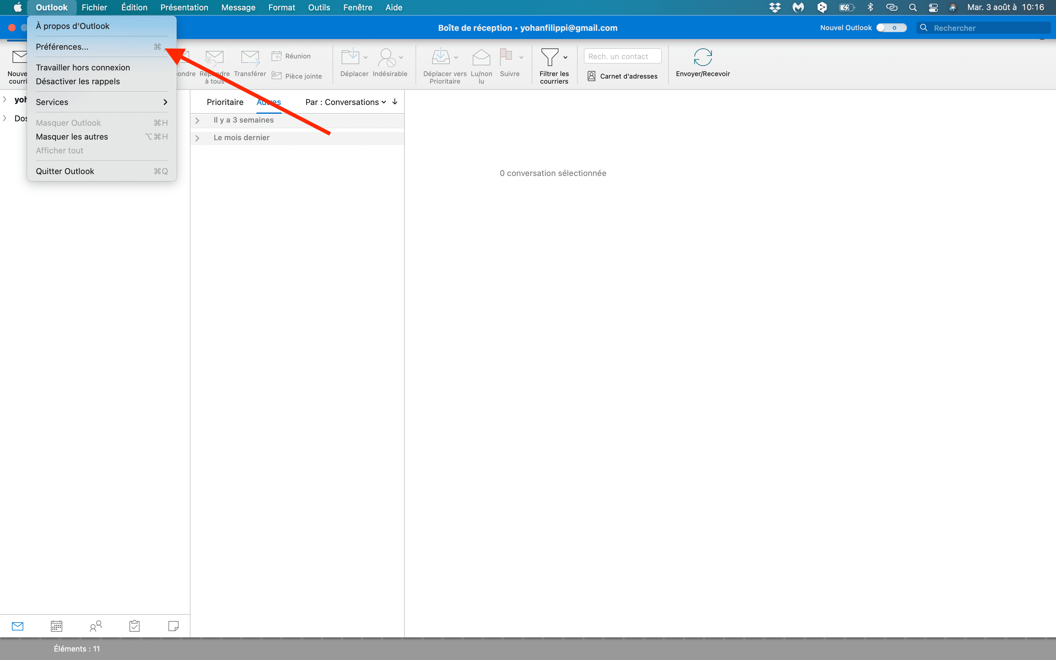 click on preference in outlook